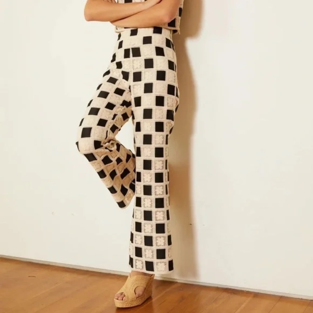 Checkerboard Crochet Wide-Leg Pants - Black & Cream
